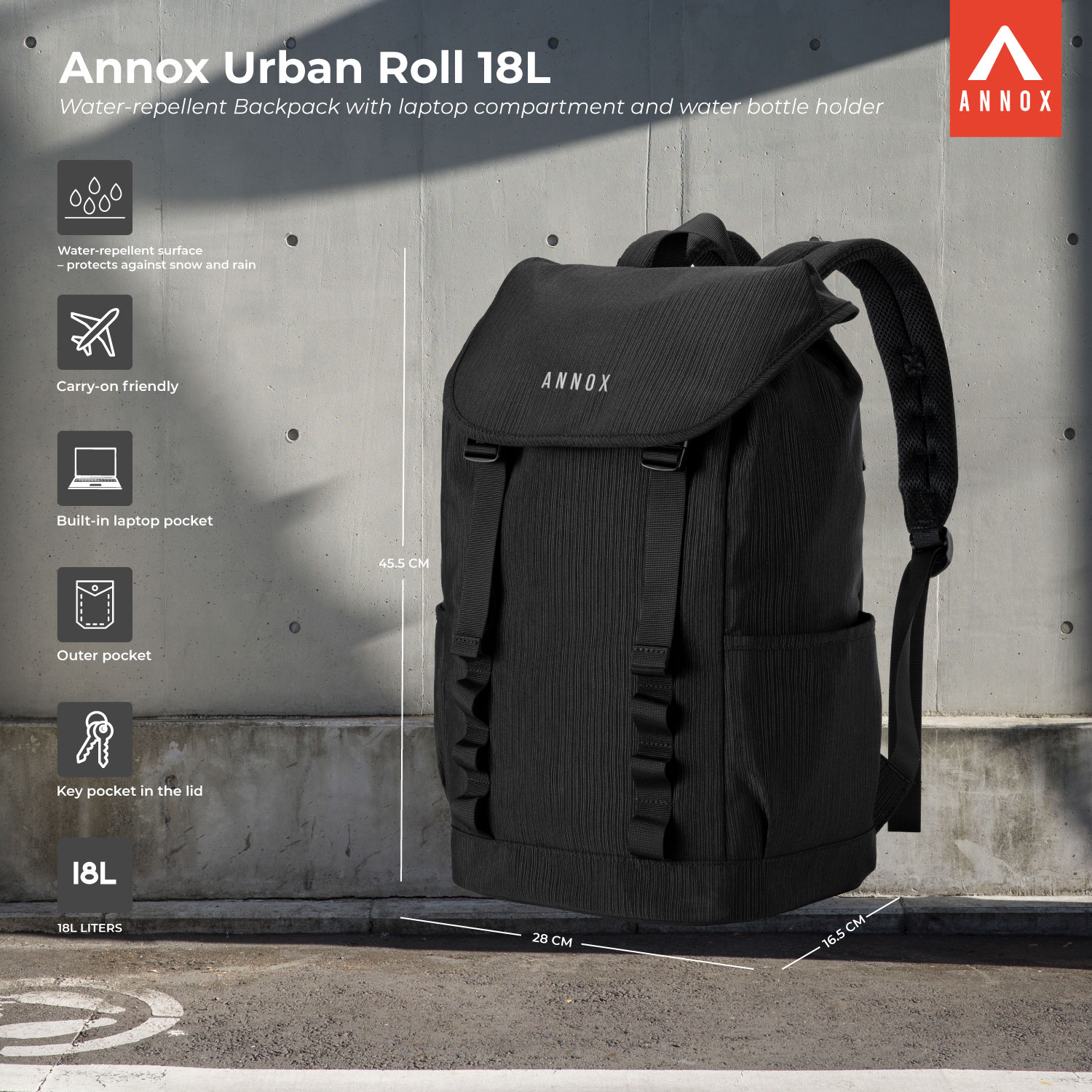 Annox Urban Roll 18L - Vedenkestävä reppu, jossa on läppätasku kannettavalle ja vesipulloteline