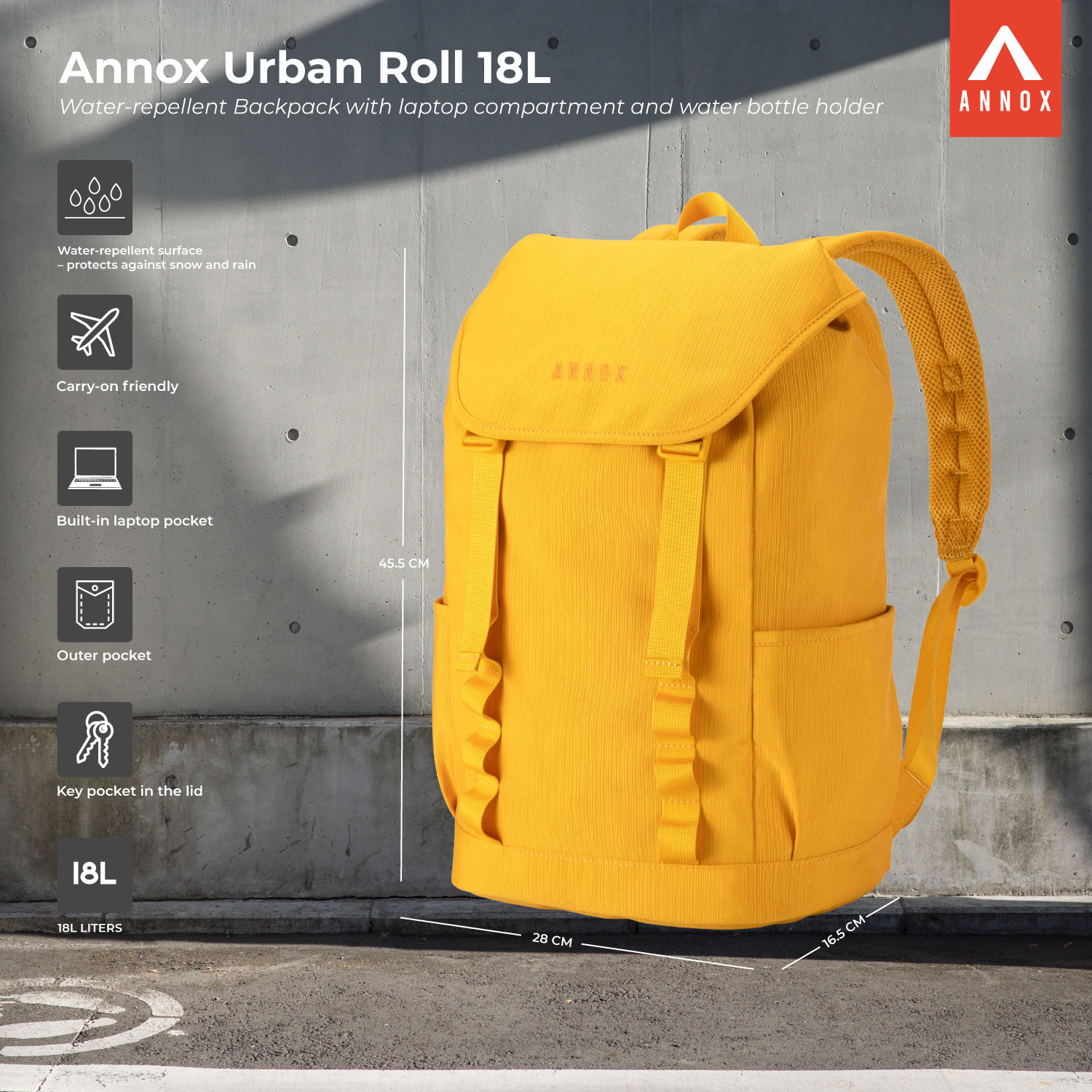 Annox Urban Roll 18L - Vedenkestävä reppu, jossa on läppätasku kannettavalle ja vesipulloteline
