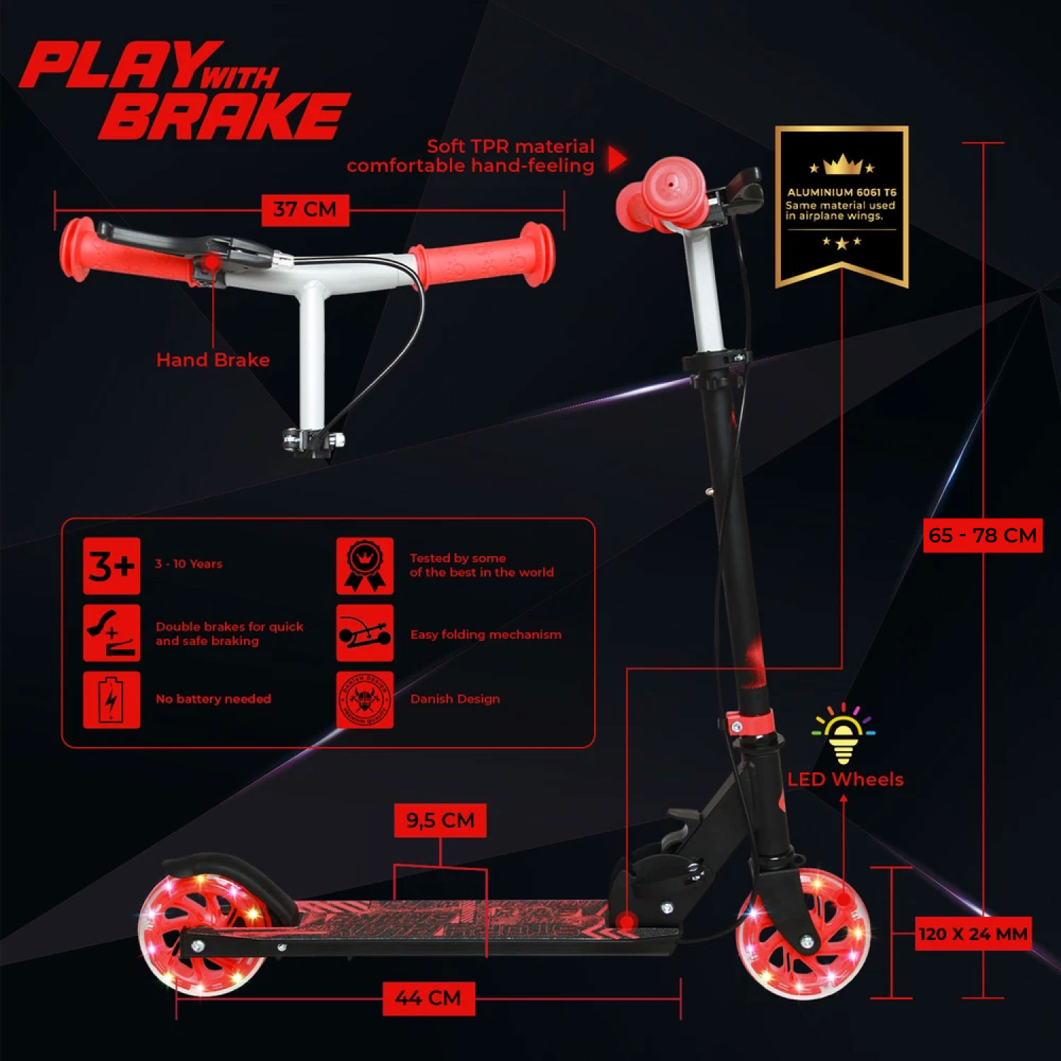 Story Play Lasten Trottinette, jossa on jarru ja LED-renkaat
